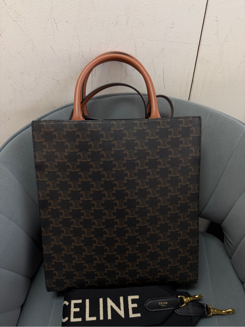 Celine Medium Vertical Cabas Triomphe Canvas Tote w/ Strap - Picture 2 of 7
